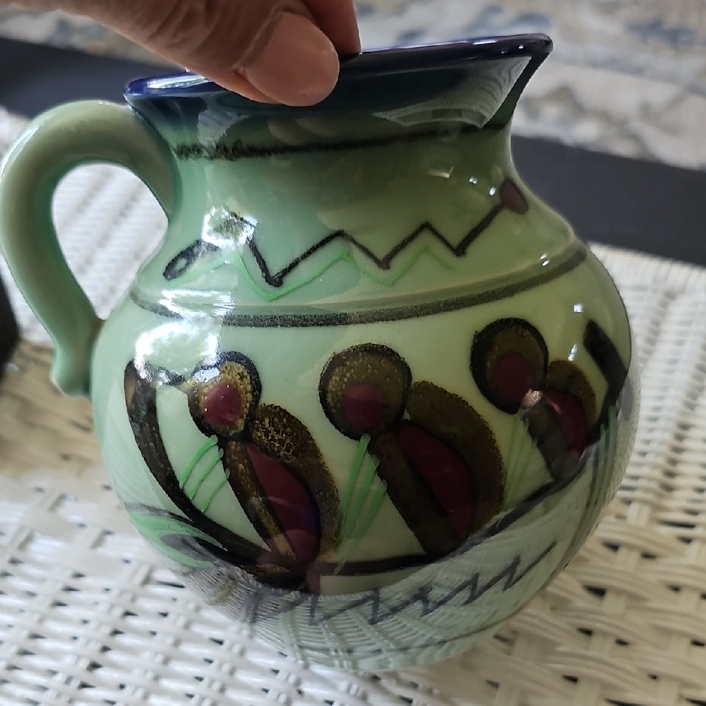 Vtg Celadon Green and Blue Ceramic Small Pitcher Made In Japan EUC